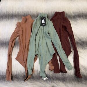 SNATCHED Ribbed Turtle Neck Bodysuit Trio - Mocha, Sage Green, Chocolate